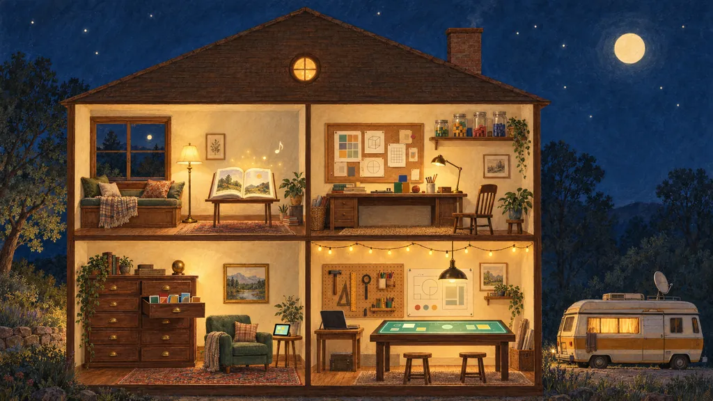 A house at night, cut open to show four lit rooms, with a camper van parked beside it.