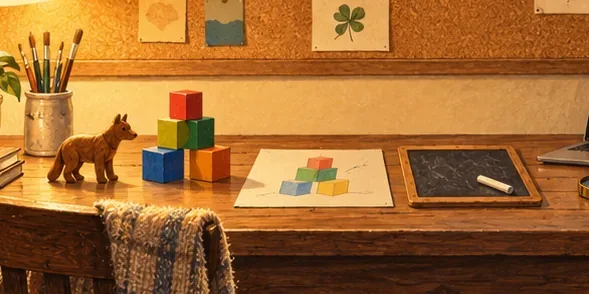 A toy animal, wooden blocks, a drawing and a slate on the study's desk.
