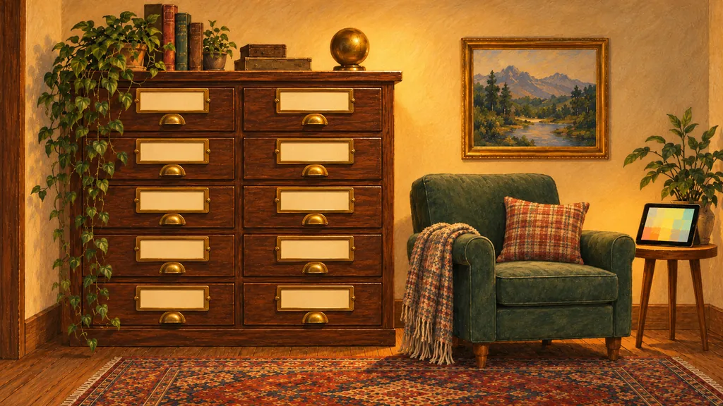 A living room with a tall wooden cabinet of ten drawers, a green armchair and a painting of mountains.