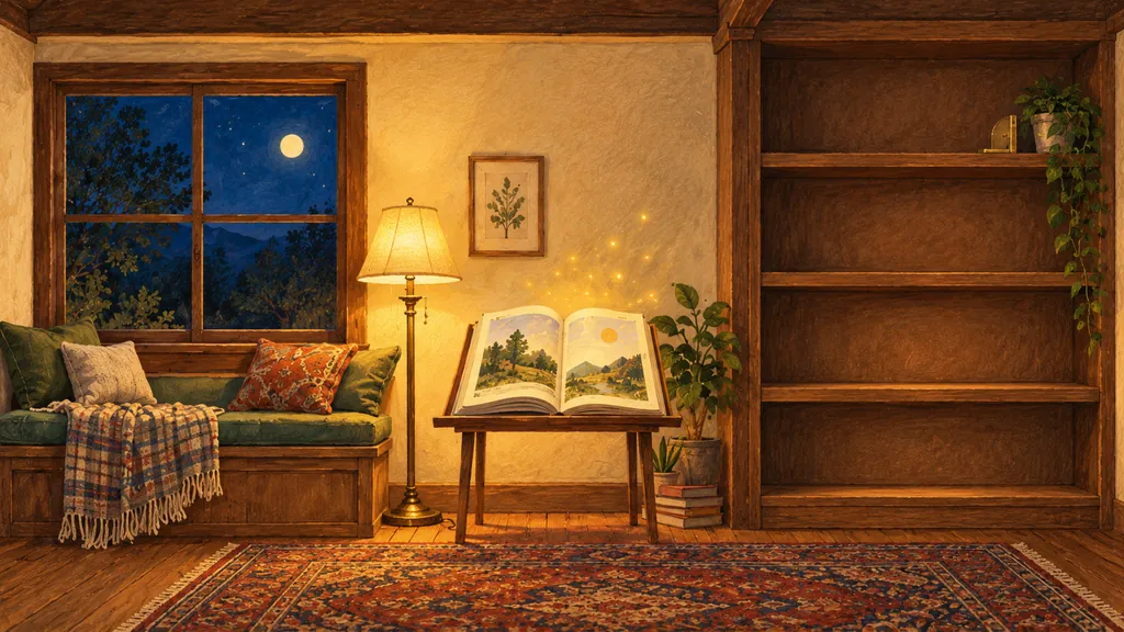 A reading nook at night: a window seat, a lamp, a book open on a stand, and a built-in bookshelf.