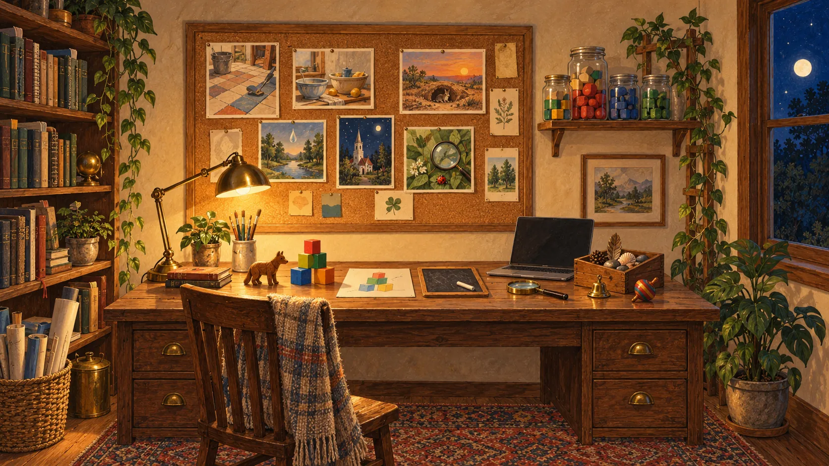 A study at night: a corkboard of postcards over a wooden desk set with toys, blocks, a drawing, a slate, a laptop and a box of shells, a bookcase on the left and a plant climbing a trellis on the right.